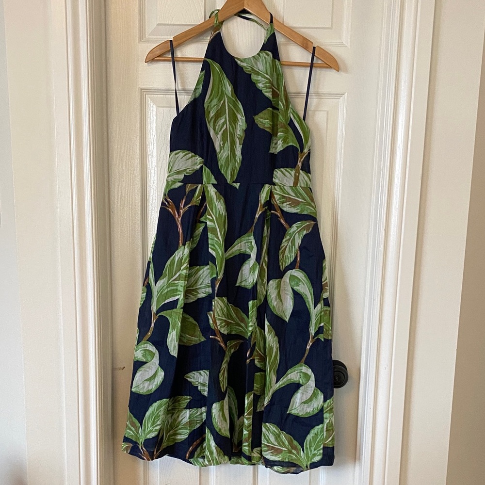 Ann Taylor Navy and Green Leaf Print Midi Dress